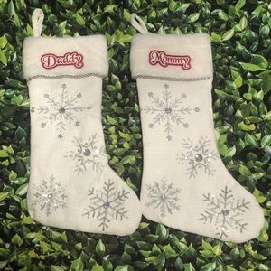 2 pc Mommy and Daddy White fur top Christmas stocking